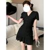 Summer black waist small V-neck dress women's slim mermaid hip short skirt