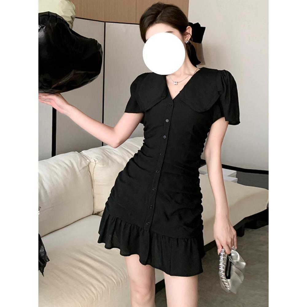 Summer black waist small V-neck dress women's slim mermaid hip short skirt