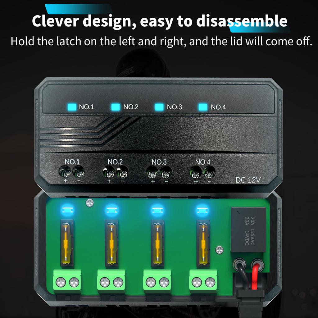 Motorcycle Fuse Box 20A Low Profile Terminal Block with LED Indicator 4 Circuits Battery Relay for Cars ATVs UTVs