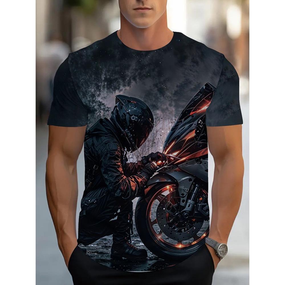 3D Motorcycle Printed Men's Casual Short-sleeved Shirt Urban Street Style Men's Fashionable T-shirt Street Sports Casual T-shirt