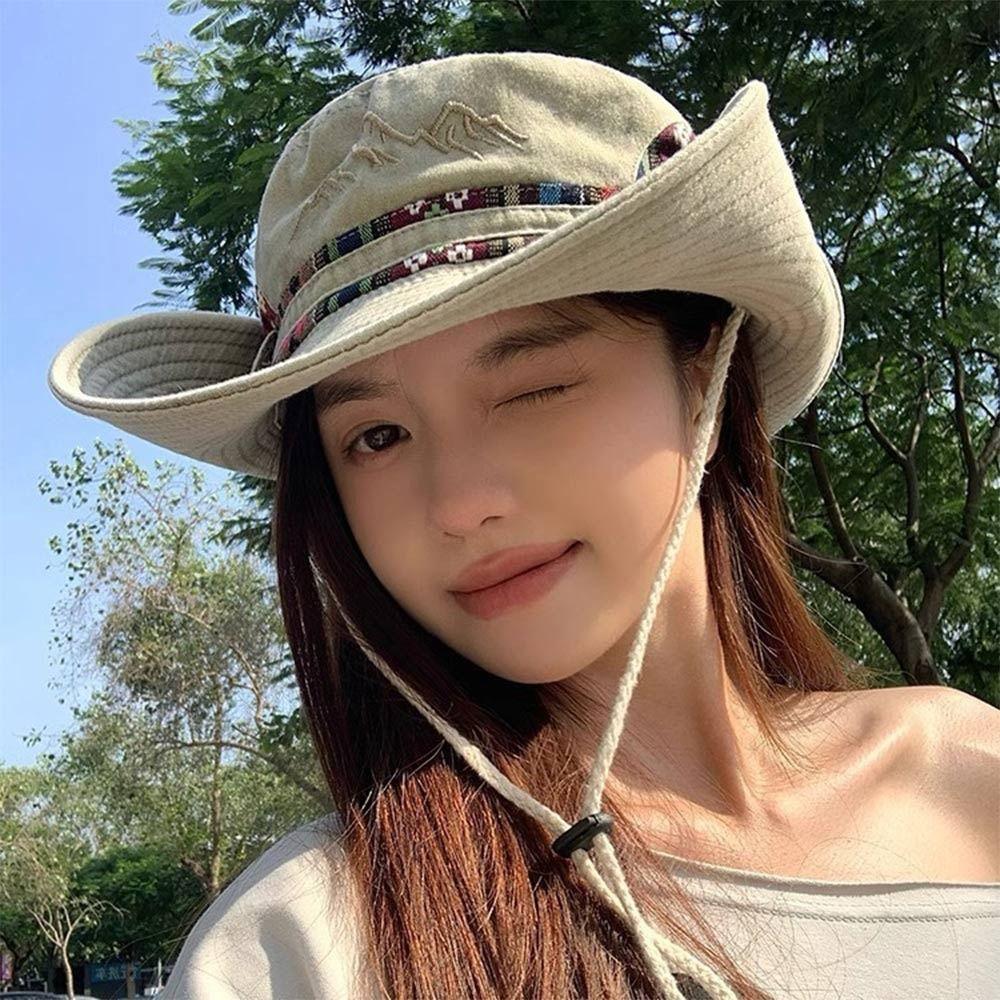 with Windproof Strap Cowboy Bucket Hat Denim fabric Panama Hat Fisherman Cap  for Camping Hiking