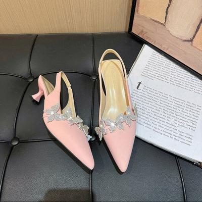 Sandały Paski Pasujące do Wszystkiego Moda Damskie Buty 2025 Garnitur Damski Beżowy Letni Obcasy Szpiczasty Luksusowy Elastyczny Pasek Cyrkonie Zamknięte