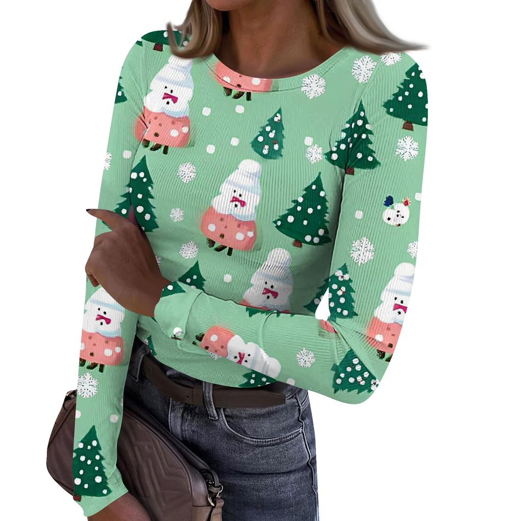 Γυναικείο Μοντέρνο Μπλουζάκι Βασικής Στρώσης Στενής Γραμμής με Στρογγυλή Λαιμόκοψη και Χριστουγεννιάτικη Εκτύπωση, Μακρυμάνικο Τοπ