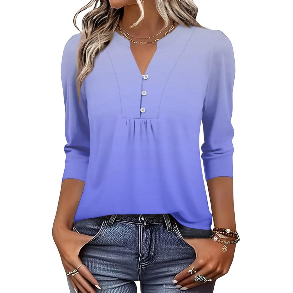 Modisches lässiges Damen-T-Shirt-Top mit Farbblock-Gradienten-Print, V-Ausschnitt, Knopfleiste und Dreiviertelärmeln
