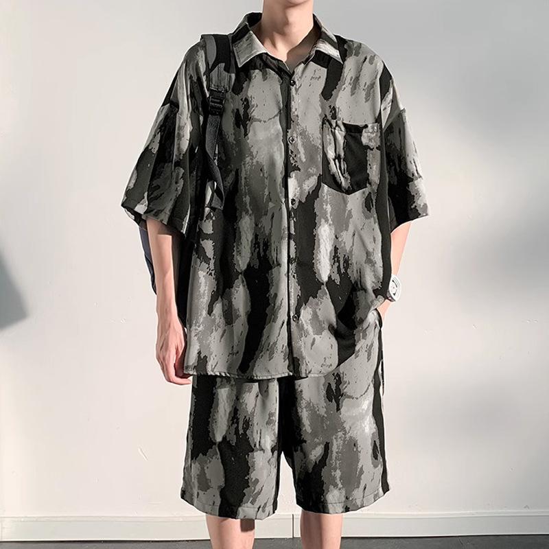 Classic Comfortable Tie-dye Watercolor Ink Color 3D Print Shirt +Shorts Two Piece Set Short Sleeve Flip Collar Shirts Half Pants
