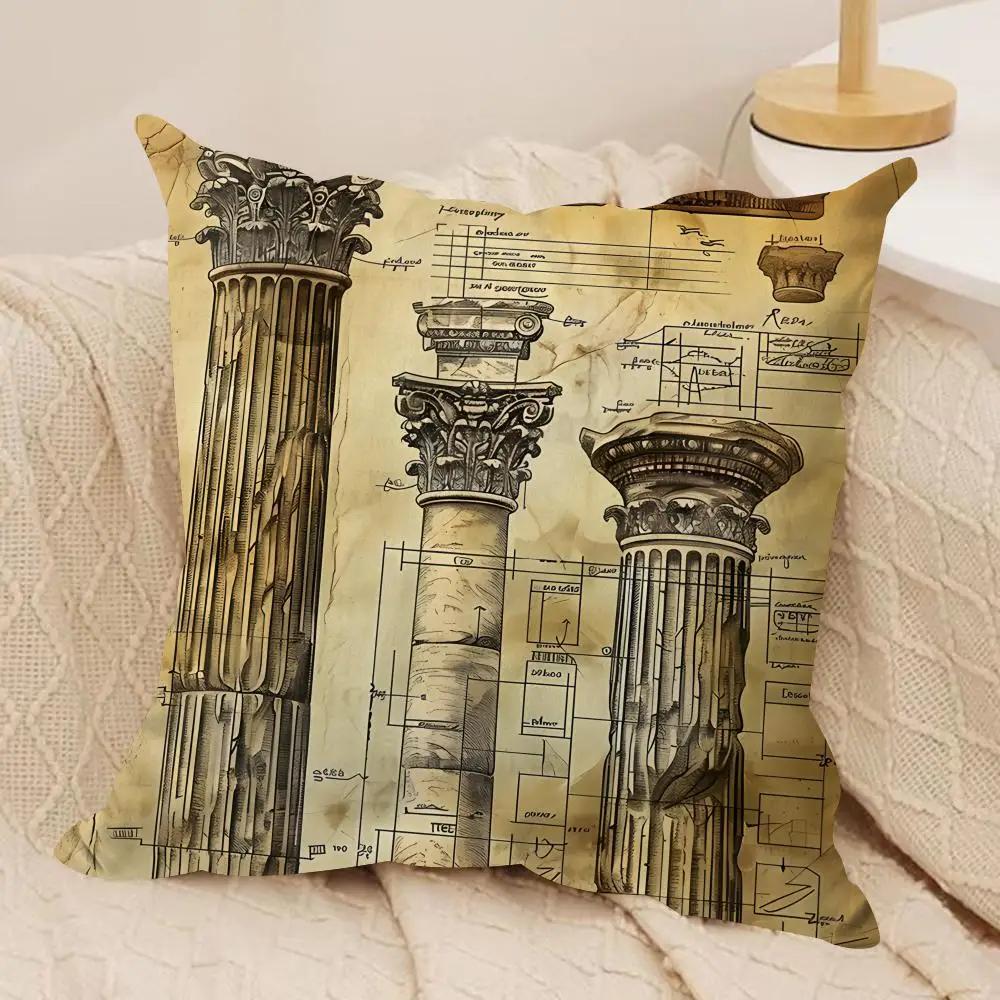 Retro Roman Architectural Cushion Cover Silky Short Plush Invisible Zipper Dustproof Sofa Pillow Case For Home Decor