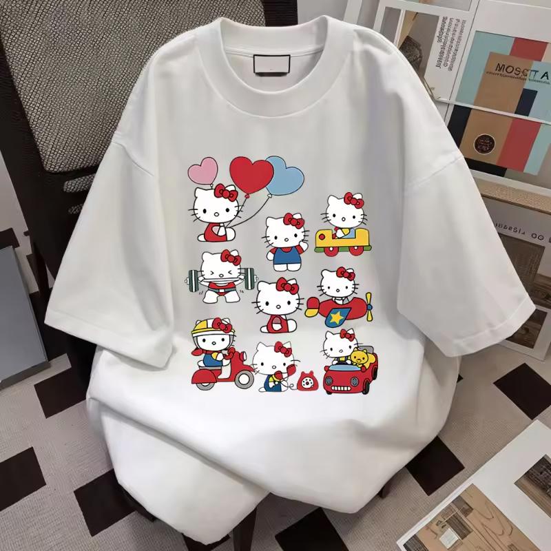 Hello Kitty Kawaii Pamuklu Tişört Sanrioed Anime Moda Kadın Üst Yazlık Günlük Sokak Kişiselleştirilmiş Tatlı Kız Üst Tişört