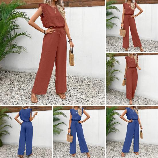 Women's Summer 2 Piece Outfit Hollow Lace Trim Sleeveless Tank Top And Wide Leg Pants Set Beach Travel Tracksuit Casual Lounge Set