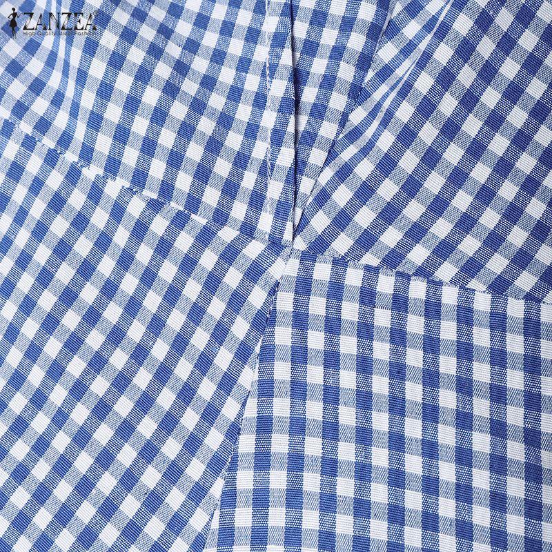 ZANZEA Women Casual V-Neck Summer Short Sleeve Plaid Print Dress