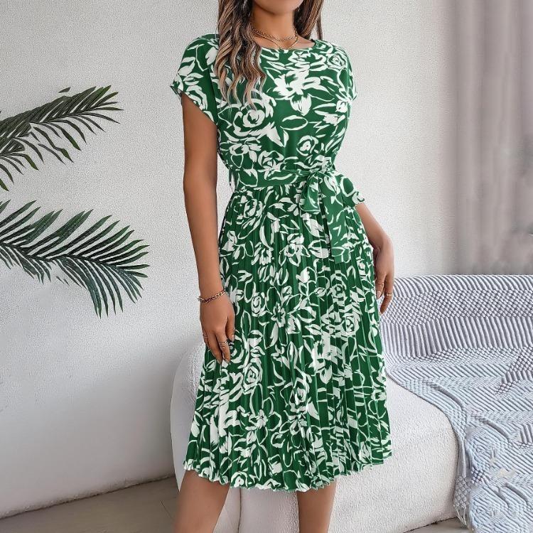Women Floral Pleated High Waist A Line Long Dress Short Sleeve Spring Summer