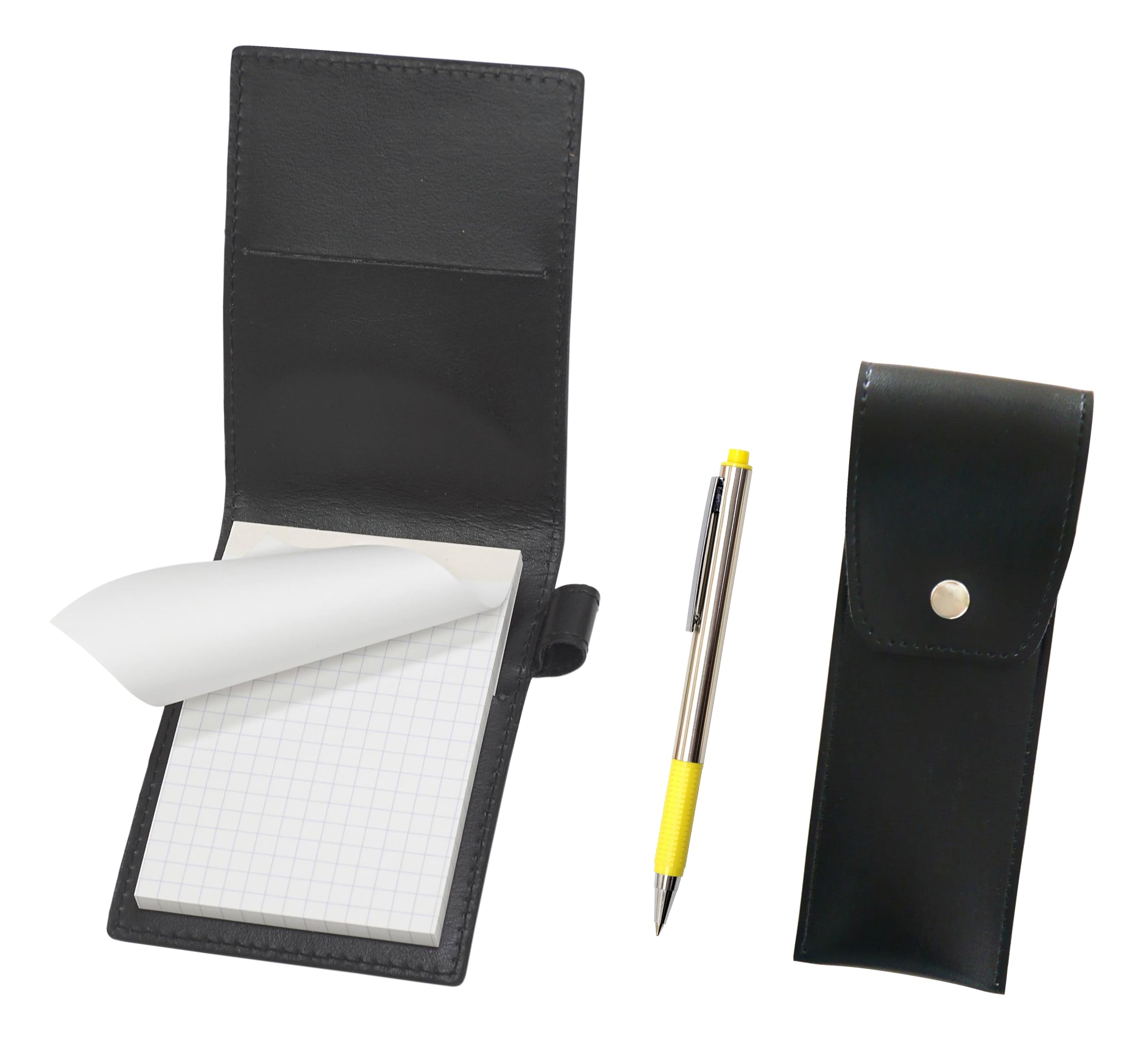 

Recycled cowhide mini notebook cover black with round button pen case black FB325 aluminum straight knock ballpoint pen set yellow