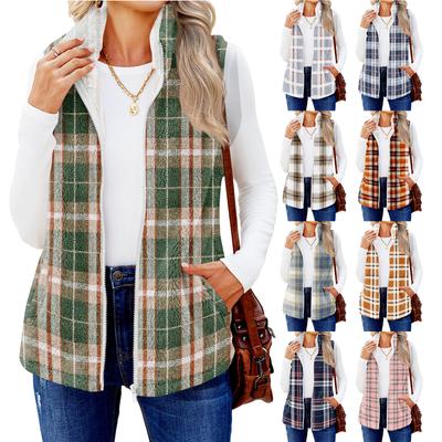 Women's Checked Print Fashionable And Warm Fleece Cardigan Vest Jacket