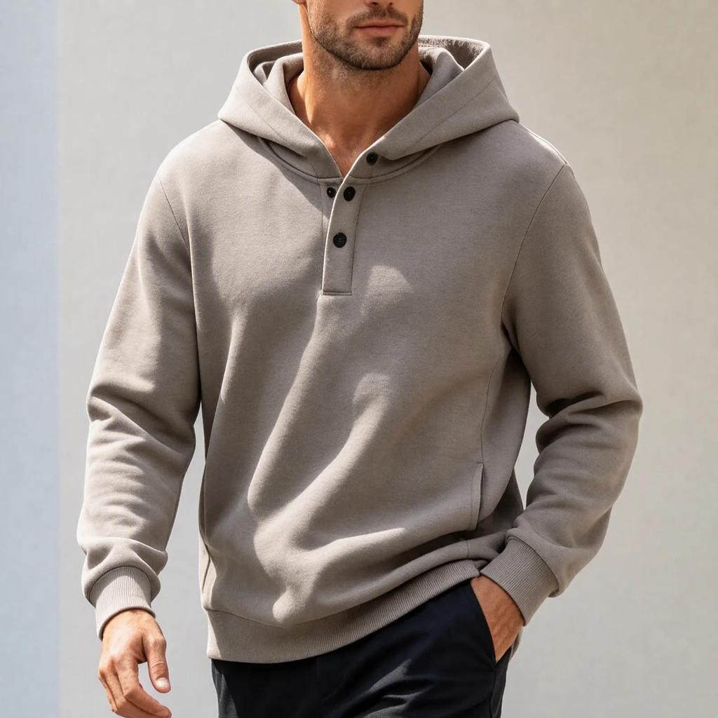 Men's Hoodie with Button Collar Casual Pullover Sweatshirt for Spring and Fall
