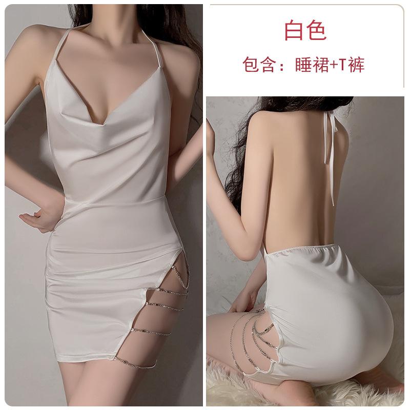 Women's Silky Cowl Neck Deep V High Slit Backless Sleep Dress Lingerie Set