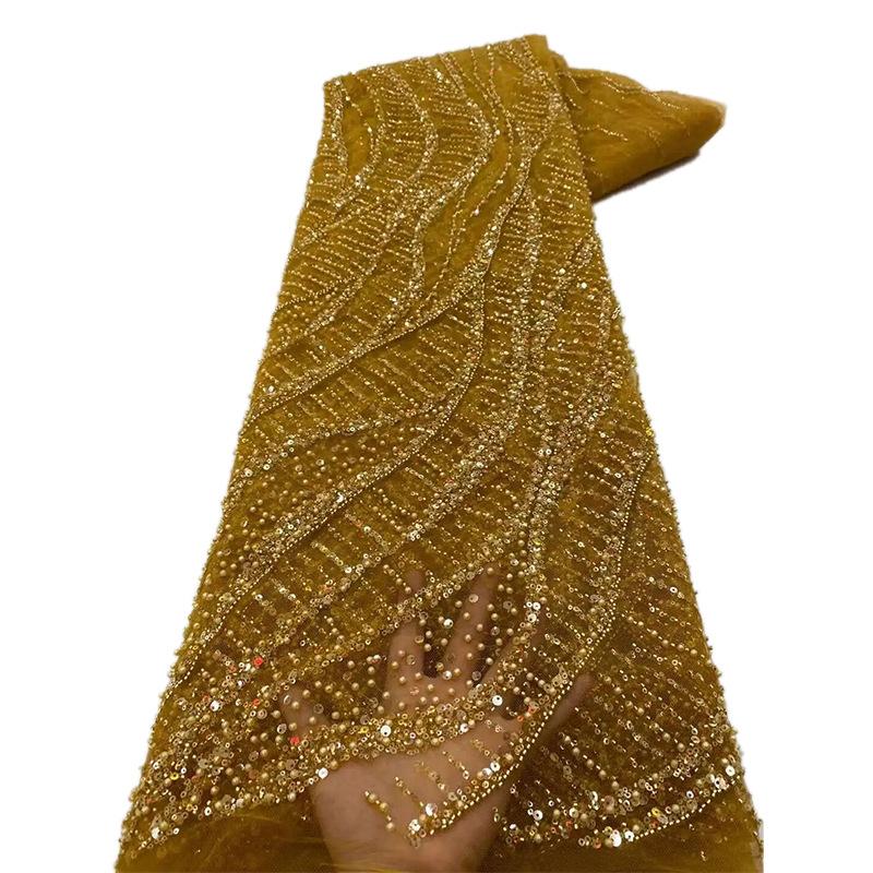 1 yard Mesh Lace Fabric With Bead Sequin Chain Stitch Embroidery for Dance Wedding Dress Patchwork Material Tulle Fabric Golden