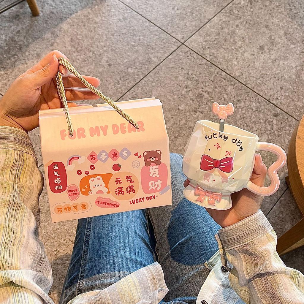 Bow Mug High Looking Girl Heart Cup Ceramic Water Cup Home Couple Office Coffee Breakfast Cup