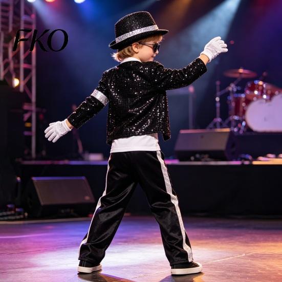 Kids Party Costume Set 80s 90s Performance Costume, Black Sequin Jacket, Top, Trousers, Hat, Metallic Striped Trousers Child Glasses, Gloves, 7 Piece