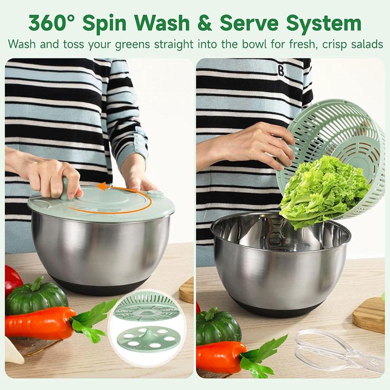 Stainless Steel Salad Spinner with Slicer Set 5 Qt Large Rotation Vegetable Washer Includes 5 Chopping Blades Slicer Drain Bowl