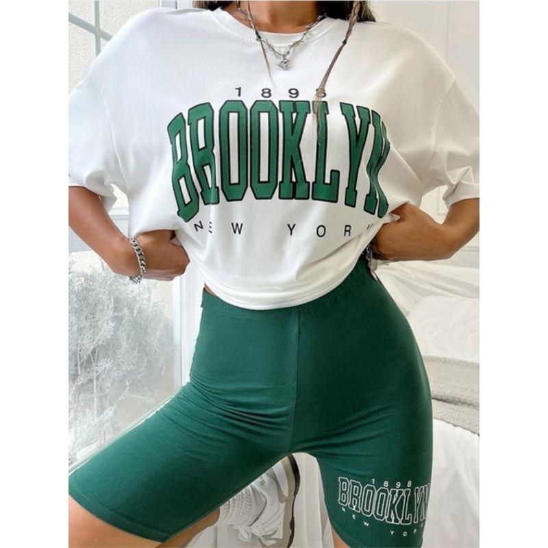 

Европейский и американский повседневный костюм с футболкой и шортами для отдыха, спортивный костюм, женский комплект из футболки и шорт Green S