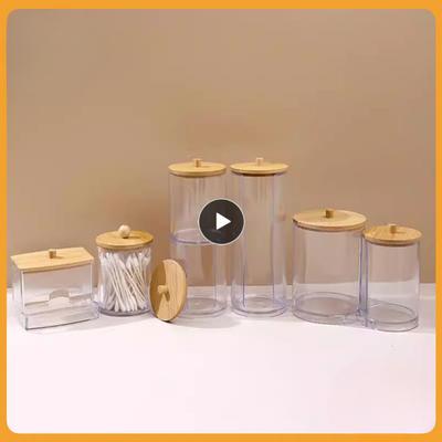 1/2 SZT Akrylowy Organizer na Makijaż Pudełko do Przechowywania Wacików na Bawełniane Patyczki Kosmetyki Biżuteria Organizer z Bambusową Pokrywką