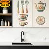 Vintage Tableware Pattern Stickers 7Pcs 2D Flat Kitchen Wooden Wall Decor, Retro Teapot Themed Peel Stick Dining Room Decor Art, Self?Adhesive