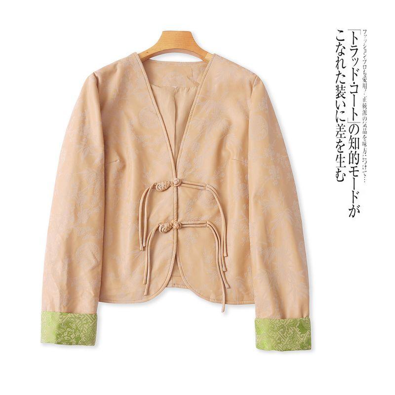 

Новый китайский стиль, верхняя одежда с узором, осень, новинка, женская, V-образный вырез, застежка-пуговица, атласная строчка, длинный рукав, имитация овчины 31925 Camel B- 6-33-4 5XL