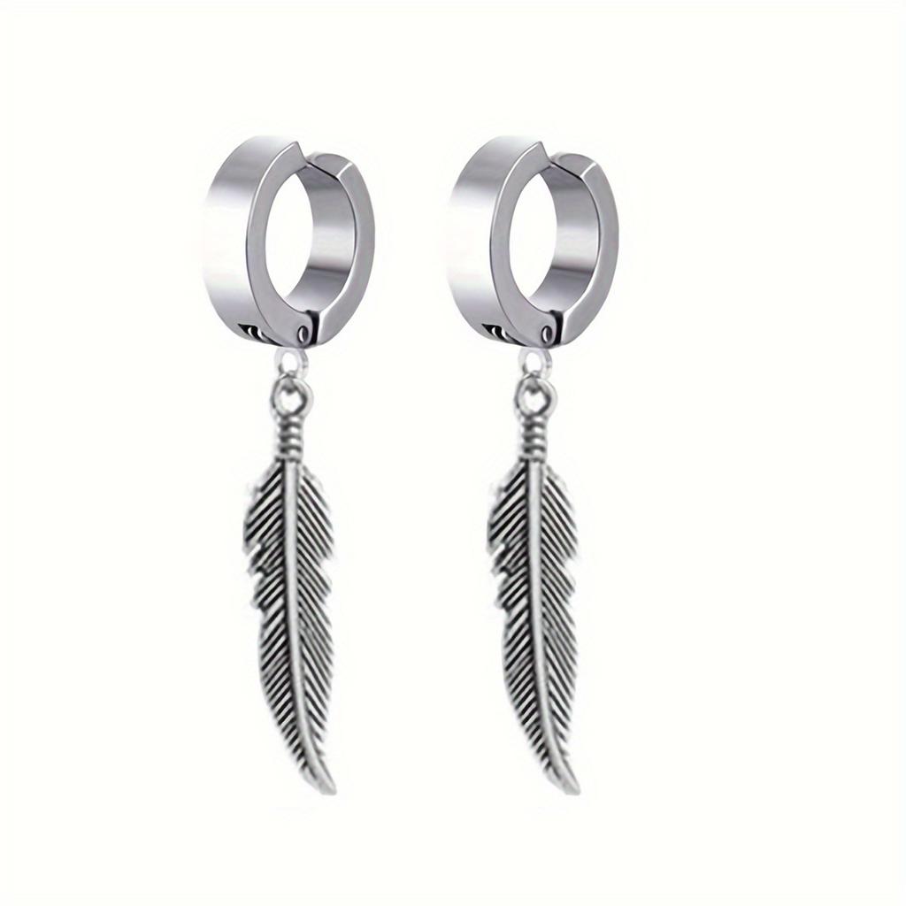 Stainless Steel Hip-pop Style Non Piercing Hoop Earrings Feather Pendant Ear Clips for Men Women Ear Daily Wear Jewelry