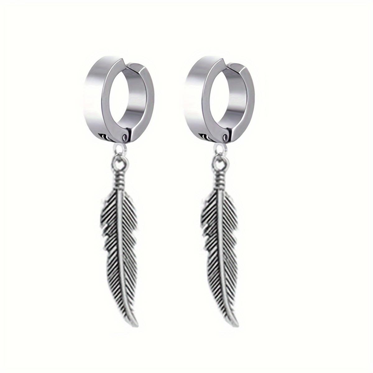 Stainless Steel Hip-pop Style Non Piercing Hoop Earrings Feather Pendant Ear Clips for Men Women Ear Daily Wear Jewelry