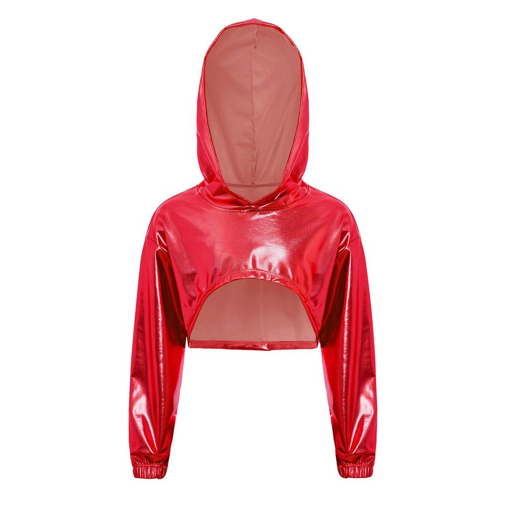 Costume de Performance de Danse Hip Hop Jazz pour Filles Ourlet Asymétrique Sweat à Capuche Métallique Haut Court à Manches Longues