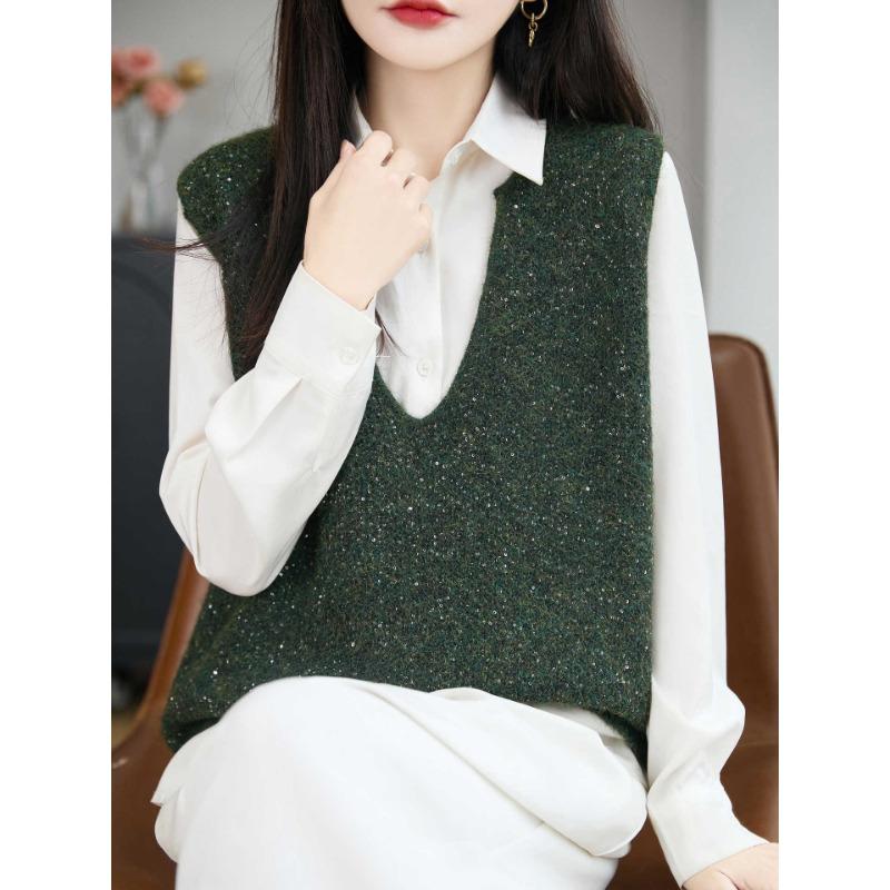 French Style V Neck Sequin Sleeveless Knit Vest Women Casual Layering Top