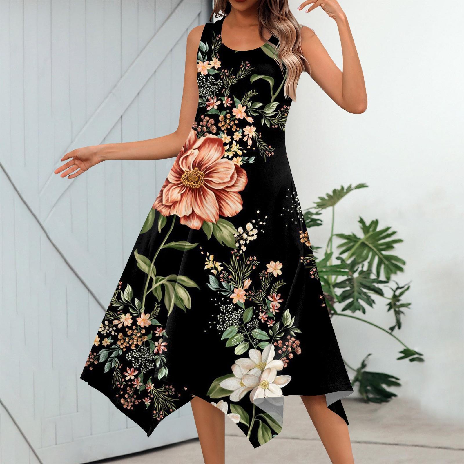 

Женское повседневное модное платье миди без рукавов с круглым вырезом и цветочным принтом, нерегулярный подол XL