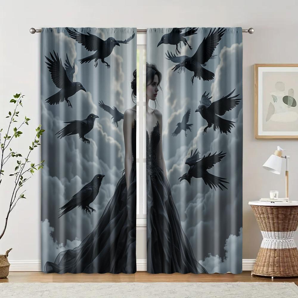 

Filtering Curtains Excluding Rods Non Movable Without Batteries Gothic Raven Lady Use Bedrooms Living Set Of 2 Made Polyester Bedroom Decor W100*H70(CM)-Hooks&1PCS
