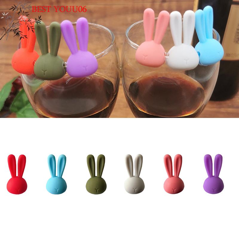 Hot 6Pcs Wine Glass Marker Creative 3D Rabbit Ears Silicone Drink Charms Wine Identifier For Champagne Cocktails