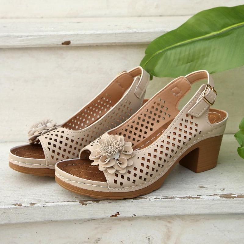 Large Size Flower Thick Heel High Heel Sandals Women's Summer New Fashion Casual Sandals Women