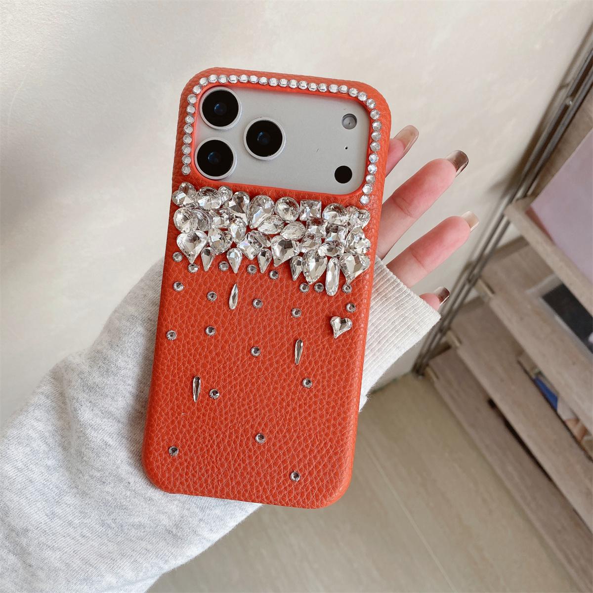

Orange Leather Glitter Diamond Phone Case for IPhone Air 17 16 Plus 12 13 14 15 Pro Max Luxury Bling Rhinestone Protective Cover iPhone 11