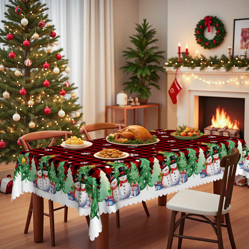 Christmas-Themed Tablecloth, Snowman Christmas Tree Pattern, Waterproof And Washable, For Indoor And Outdoor Party And Dinner Decoration