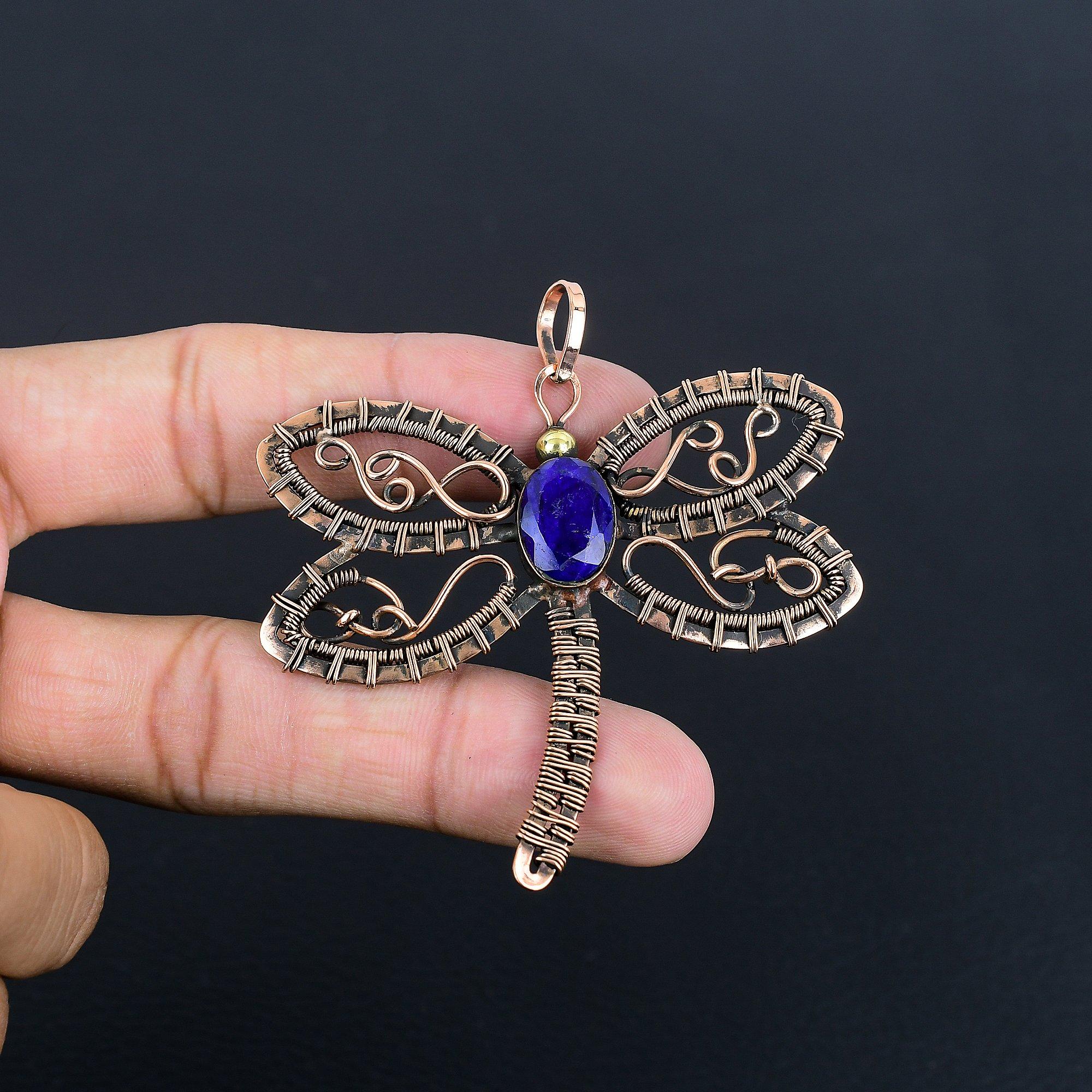 

Кулон с синим сапфиром, Кулон с драгоценным камнем ручной работы, Кулон, обернутый медной проволокой 999 пробы, Антикварное украшение, Для подарка на помолвку