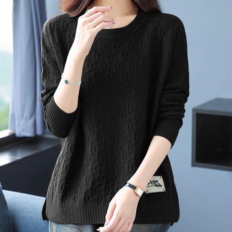 Spring and Autumn Women's Plus Size Knit Sweater Thin Loose Crew Neck Pullover Knitwear Short Slit Stretch Knit Top Jumper