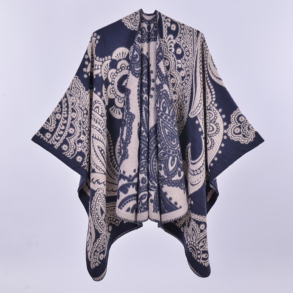Foreign Trade Fashion Slit Imitation Cashmere Scarf Shawl European American Retro Cashew Flower Fork Warm Cloak Jacket