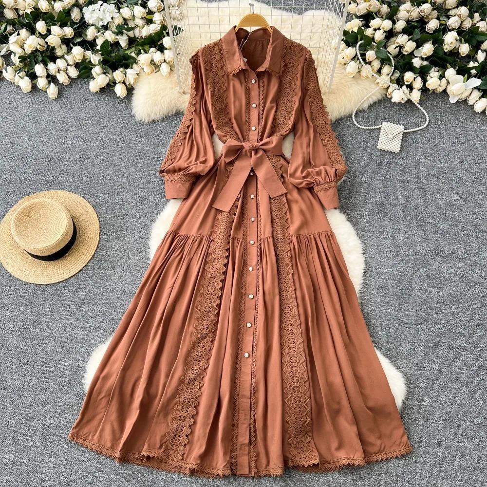 Vintage Damkappa Nedvikt Krage Lykta Ärm Klänning Spets Bandage Rosett Slim Fit Stor Sväng Maxi Klänningar Elegant Vestido Femme