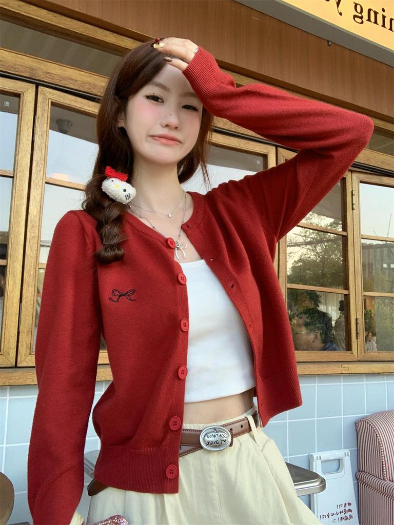 Women's Petite Gray Knit Cardigan - Embroidered Academy Style, New Spring/Summer 2025 Collection