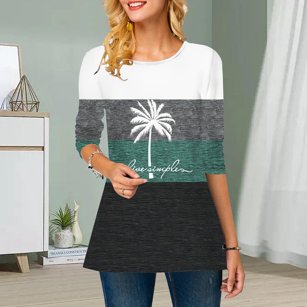 Übergröße Damen Blumen-Kokosnussbaum-Print Rundhalsausschnitt Lässiges lockeres Langarmoberteil