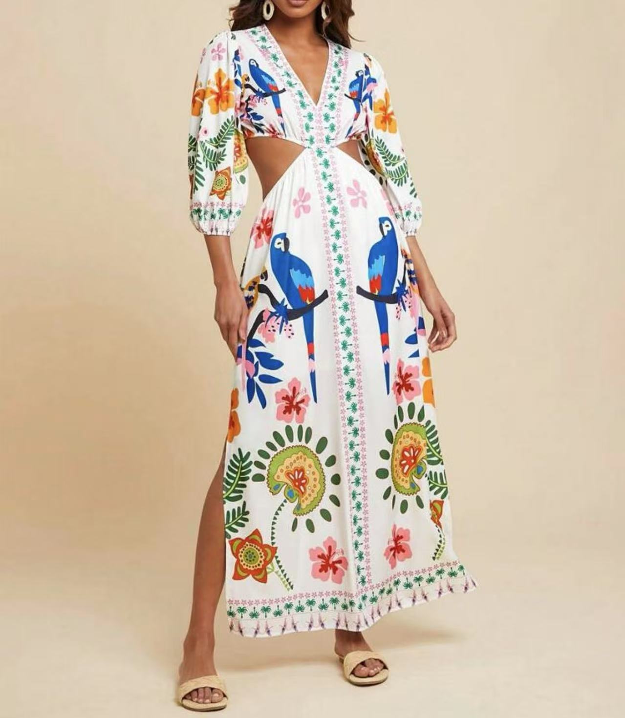 2026 European and American popular V-neck printed bohemian holiday dress S