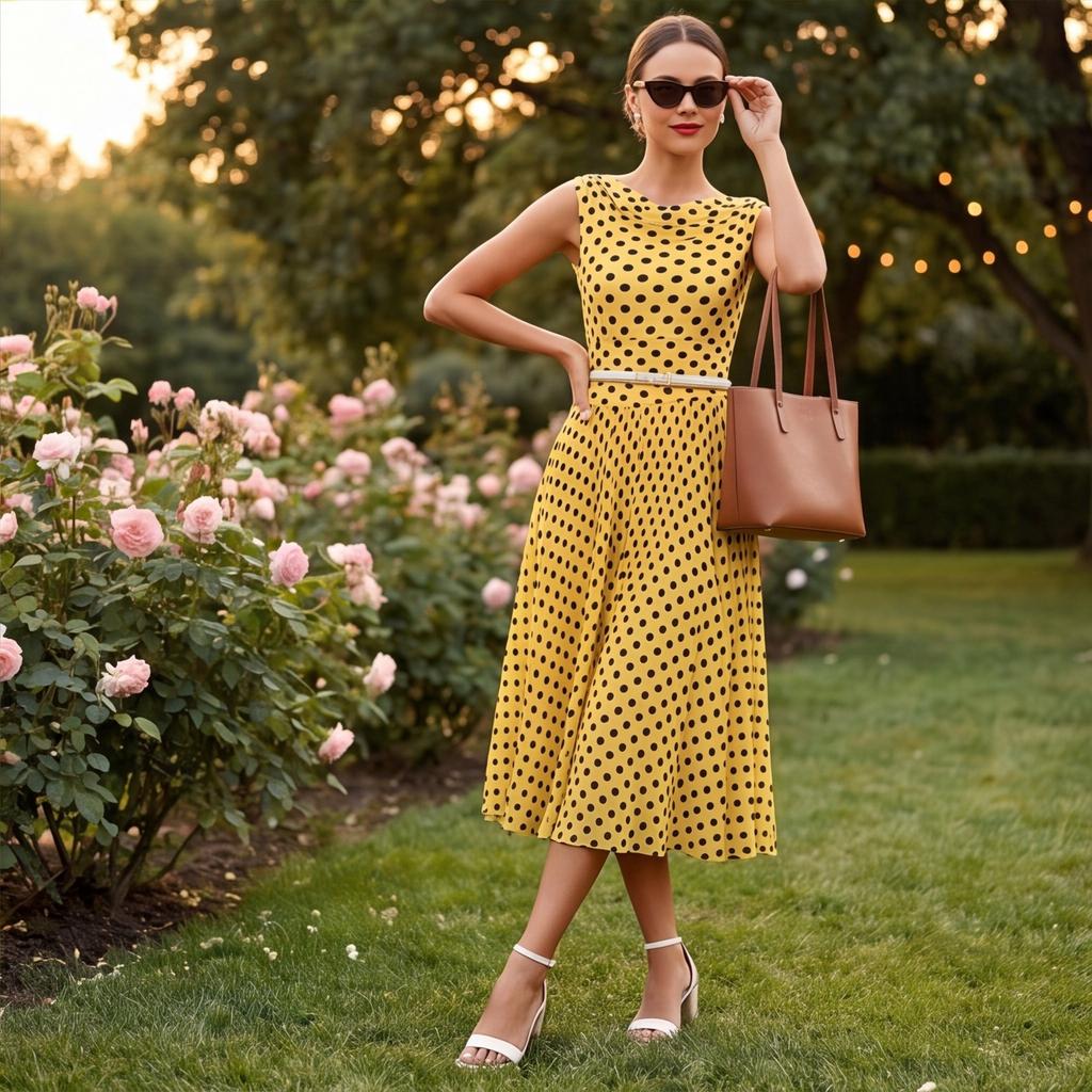 Women Sleeveless Polka Dot Style Midi Dress Elegant A Line Fit and Flare Lightweight Summer Dress for Daily Wear