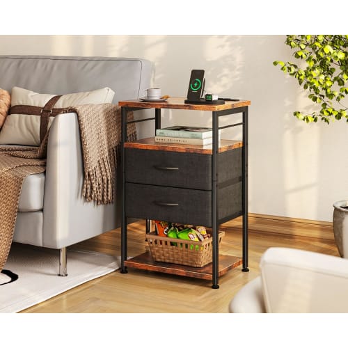 KKL Side Table/Nightstand/Bedside Table with Outlet, 40x30x70cm, Drawer, Storage, Vintage & Black, Next to Bed