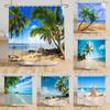 Beach Vacation Shower Curtain Tropical Palm Trees Ocean Waves Starfish Sandy Shore Pattern Waterproof Polyester Bathroom Decor