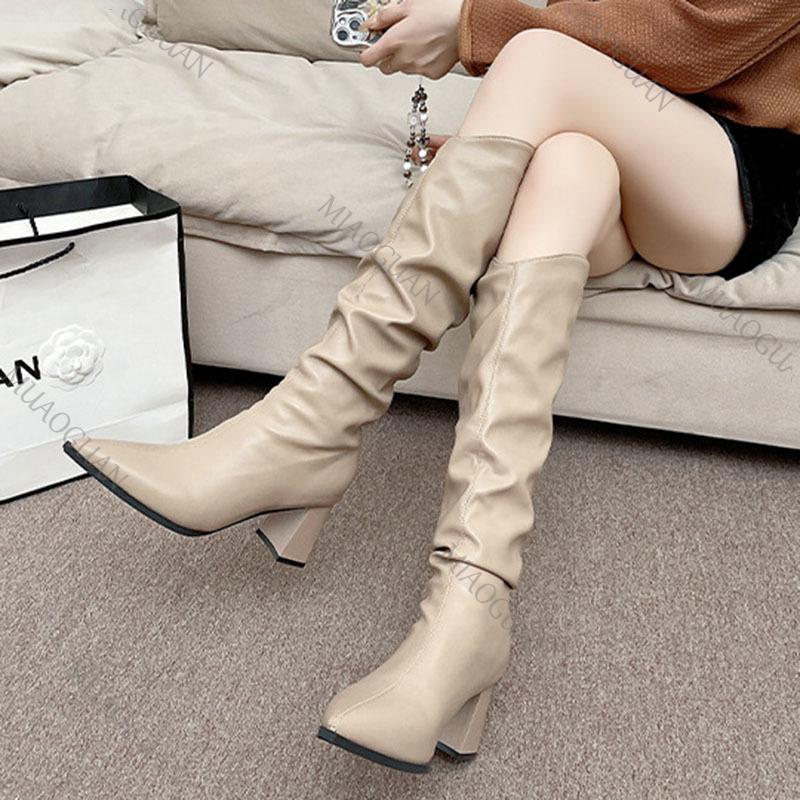Fashion Boots for Woman Pointed Pleated Thigh High Boots Women Autumn Winter Chunky Heeled Shoes Solid Sexy Stacked Long Knee High Boots