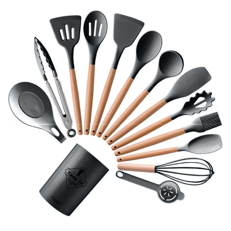 

Набор кухонных принадлежностей из пищевого силикона, 14 шт., Неприлипающие инструменты для приготовления пищи, Деревянные ручки, Кухонные щипцы, Ложка, Лопатка, Инструмент