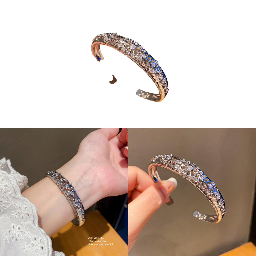 Vintage Silver Zircon Open Bracelet With Geometric Design For Fashion Accessories