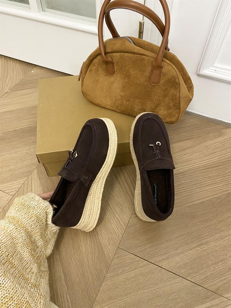 Old Qian Fengpo Heel Loafers Women's 2025 New Mao Mao Thick-soled One-pedal Single Shoes Linen Straw Fisherman Shoes
